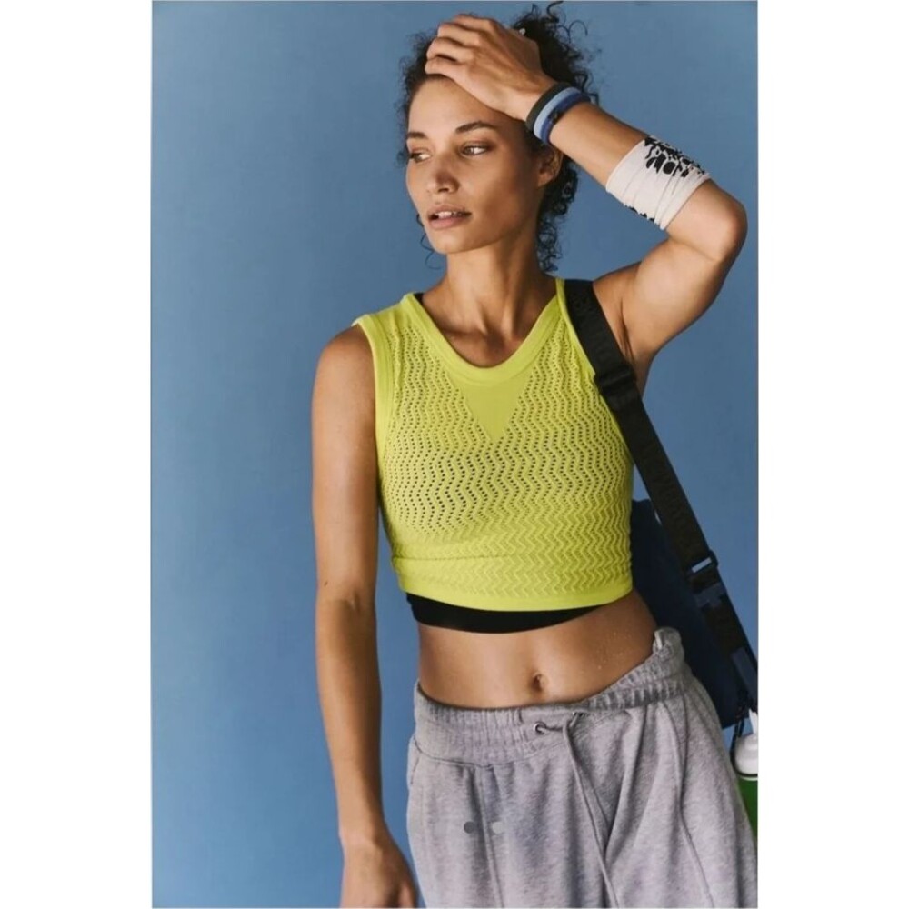 Free People FP Movement Throw Textured Muscle Tank M L Yellow Mesh Crop New